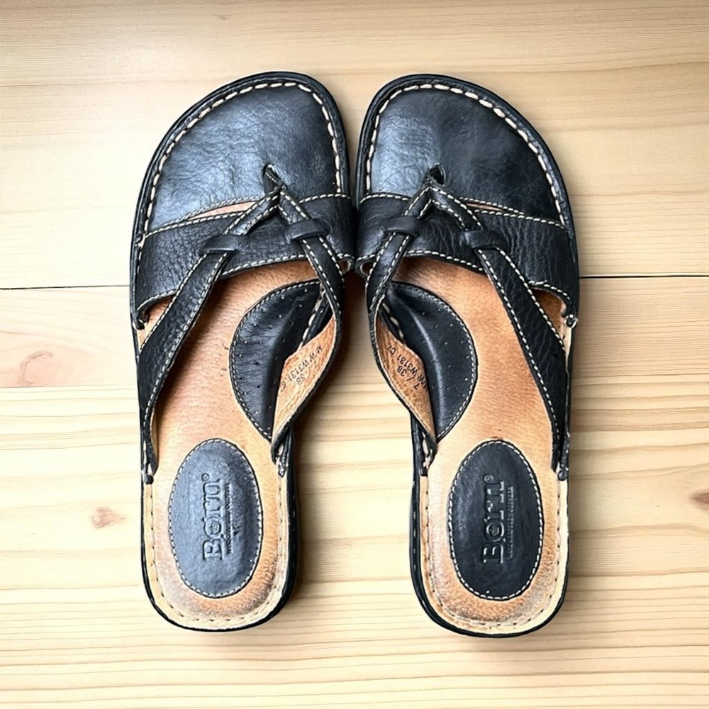Born Black Leather Cross-Strap Slide Sandals - Picture 3 of 11